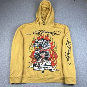 Ed Hardy Hoodie Mens XL Fire Tiger Flames Yellow Pullover Sweatshirt Y2K Grunge